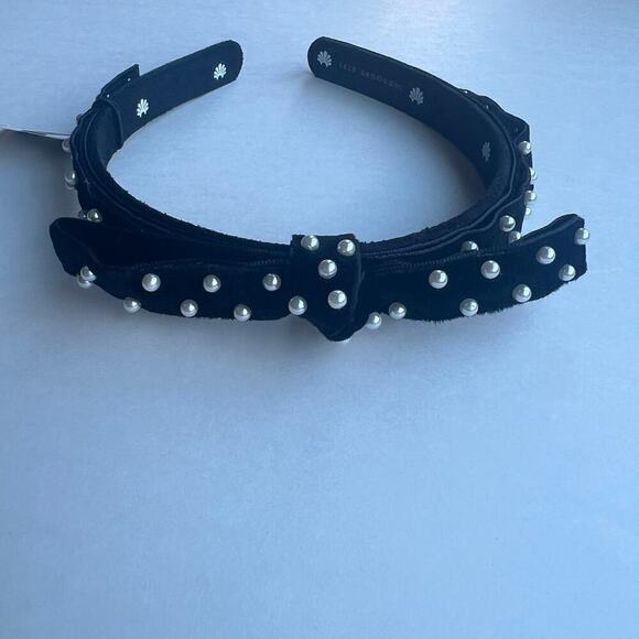 Lele Sadoughi Black Velvet Pearl Ribbon Gold Logo Headband NWT - Picture 7 of 11